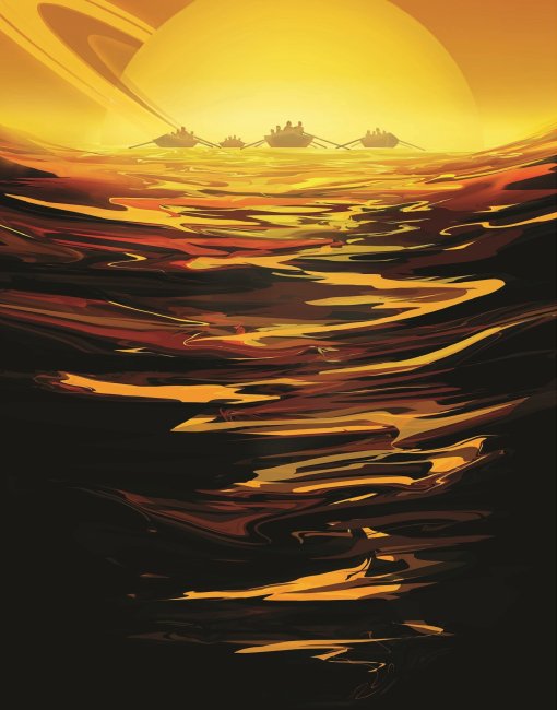 Painting of people in rowboats on the surface of Titan, Saturn is setting in the background.